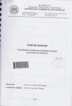 Cover for Contribuţii la conducerea automată avansată a proceselor de laminare: teză de doctorat