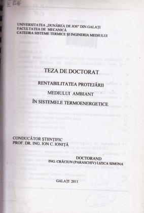 Cover for Rentabilitatea protejării mediului ambiant în sistemele termoenergetice: teză de doctorat