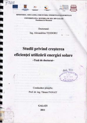 Cover for Studii privind creşterea eficienţei utilizării energiei solare: teză de doctorat