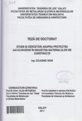 Cover for Studii şi cercetări asupra protecţiei anticorozive în industria materialelor de construcţii: teză de doctorat