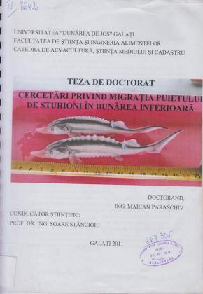 Cover for Cercetări privind migraţia puietului de sturioni în Dunărea inferioară: teză de doctorat