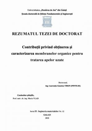 Cover for Contribuții privind obținerea și caracterizarea membranelor organice pentru tratarea apelor uzate: teză de doctorat